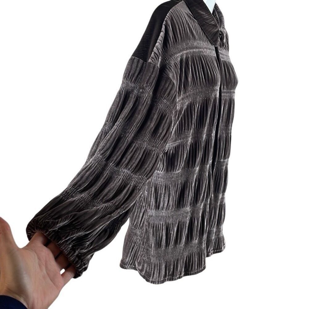 Shirred Velour Button Front Top Cocoa Brown M - image 2